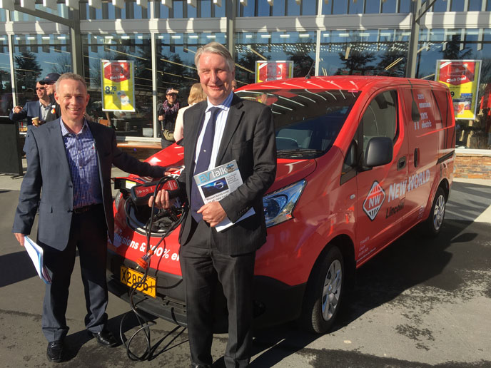 Caption: Checking out one of the electric vans are Foodstuffs sustainability manager Mike Sammons, left, and national managing director Steve Anderson at New World Lincoln in Christchurch.