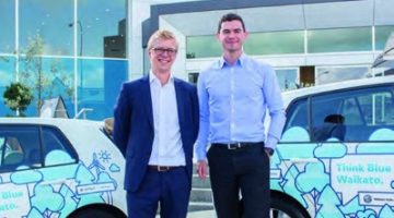Richard van den Engel, left and Gareth Nuzum from IT Partners with VW e-Golfs in Think Blue Waikato livery.