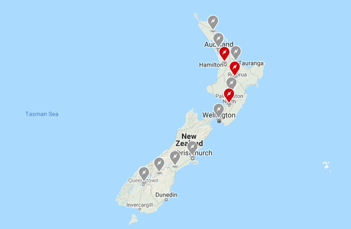 Tesla’s existing superchargers in red with nine (in grey) planned by late 2019