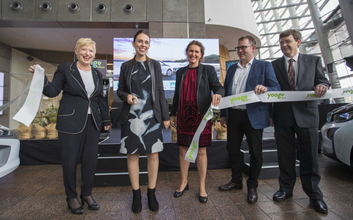 Jacinda Ardern and Kirsten Corson, centre, at the Christchurch Yoogo Share launch.