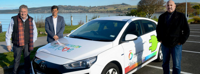 Taupo mayor David Trewavas, Gareth Green and Rob Service with the all-electric Hyundai Ioniq.
 