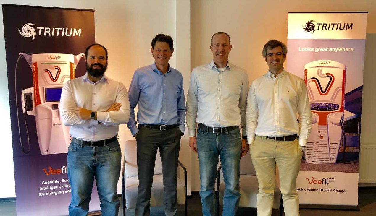 From left, IT operations leader Tamas Binder, Europe Tritium sales general manager Jeroen Jonker, NKM Mobiliti’s Szabolcs Balogh and Tritium business development general manager operations Europe Manuel Fernandes.