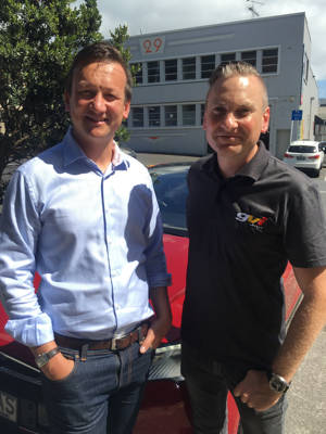 Trade Me Motors head Alan Clark, left, GVI Electric managing director Hayden Johnston