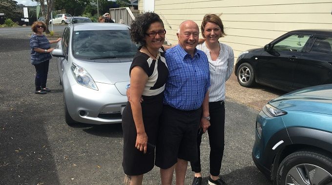 At the Electric Island Waiheke launch last year are establishment board members Darleen Tana and Vern Whitehead with Norwegian EV Association leader Christina Bu.