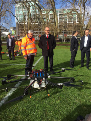 Phil Twyford and Drone Sprayer director Bruce Clarke at the launch of the Government’s drone plan.