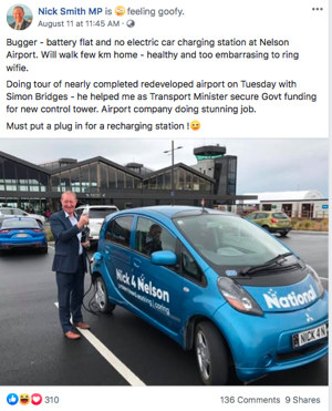 Nick Smith MP at Nelson Airport with EV