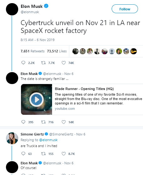 Elon Musk Cyber truck unveil tweets