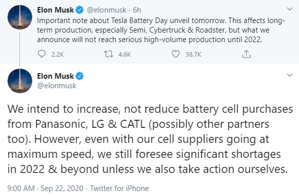 Elon Musk tweets Tesla Battery Day Sept 23, 2020