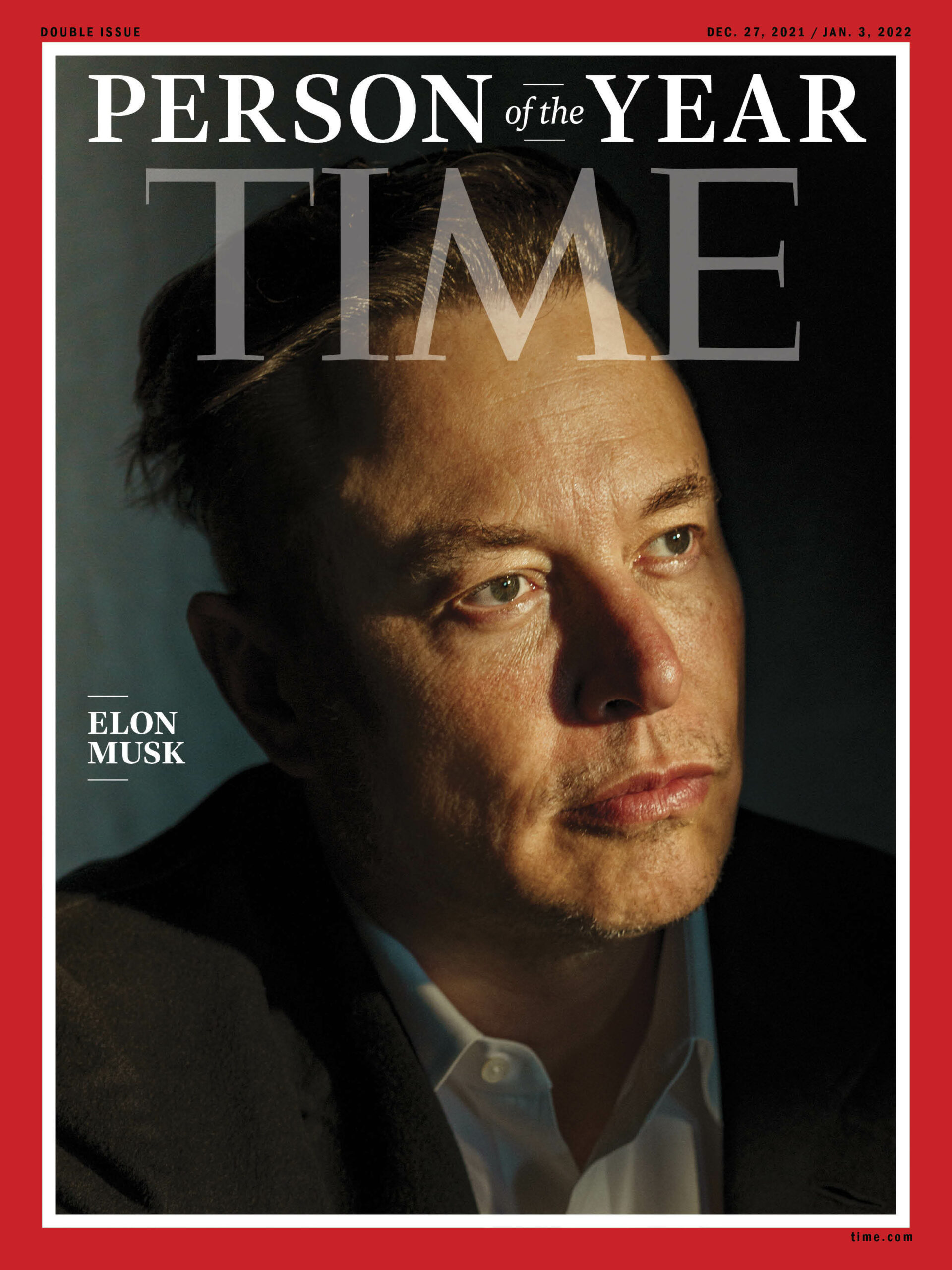 This photo provided by Time magazine shows Elon Musk on the cover of the magazine's Dec. 27 - Jan 3 double issue announcing Musk as their 2021 "Person of the Year."  (Time via AP)