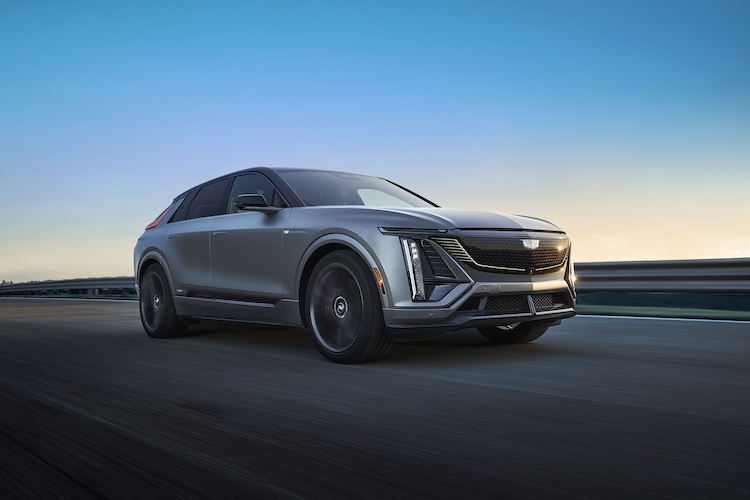 Front 3/4 view of the 2026 LYRIQ-V in Magnus Metal Frost. Preproduction model shown. Actual production model will vary. Magnus Metal Frost exterior color is extremely limited and late availability.
