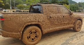 Rivian R1T pickup truck (ute) in Asheville, North Carolina, US, hit by Hurricane Helene