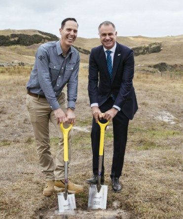 Mercury Chief Executive Stew Hamilton and Energy Minister Simon Watts break ground on the $287 million Kaiwaikawe Wind Farm, near