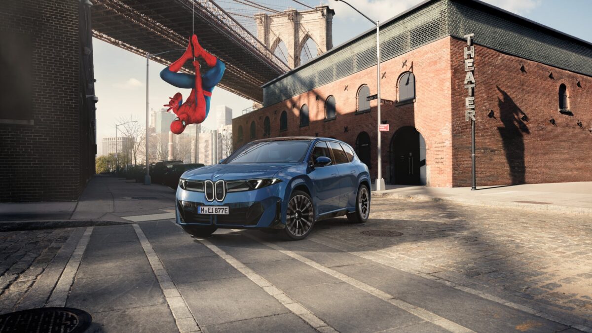 BMW infotainment screen displaying a Spider-Man animation