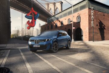 BMW infotainment screen displaying a Spider-Man animation