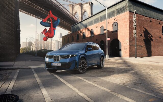 BMW infotainment screen displaying a Spider-Man animation