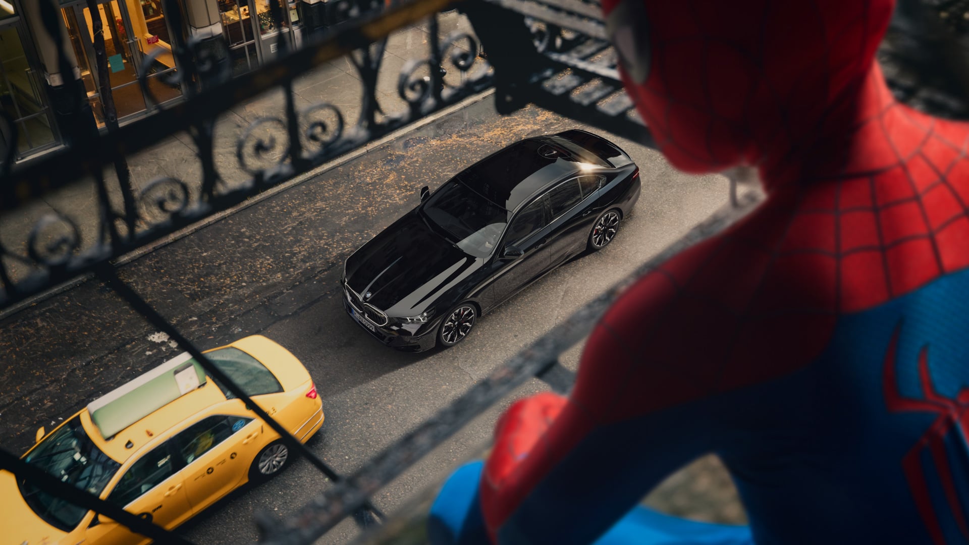 BMW screen showing Spider-Man Brand New Day cinema promotion