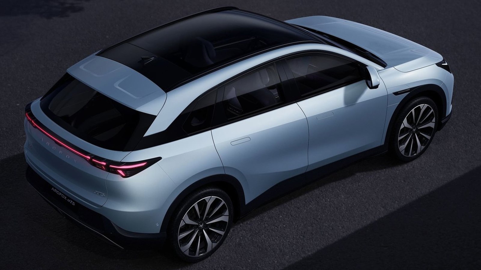 Arcfox T5 in light blue seen from above the rear