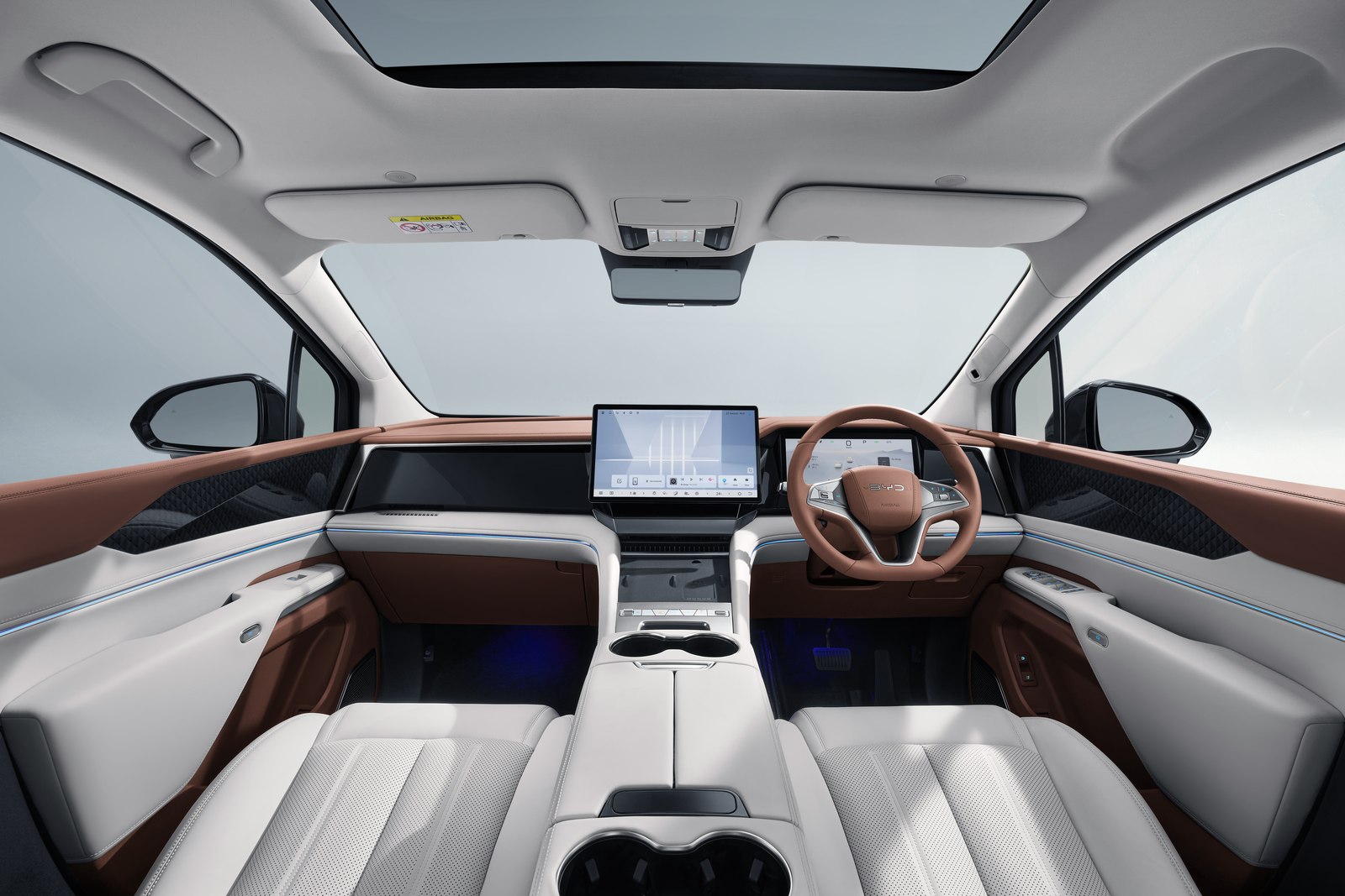 BYD M9 interior with white and tan two-tone cabin