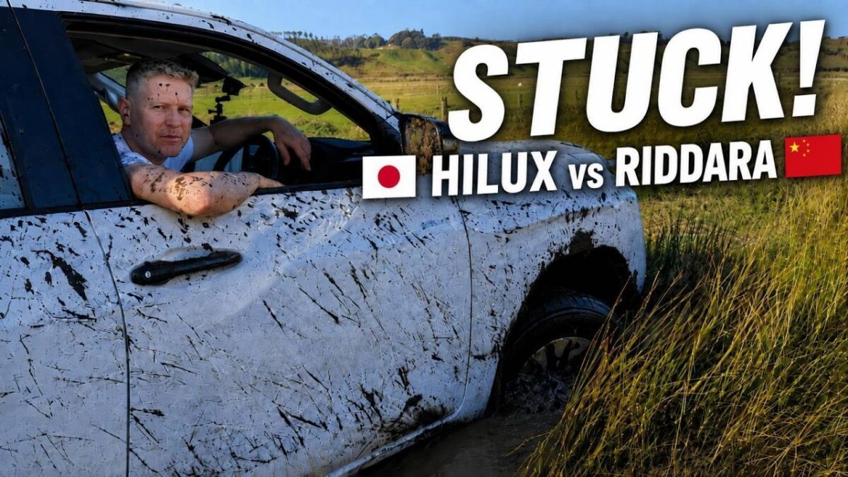 Toyota Hilux BEV and Riddara RD6 electric utes on a muddy farm