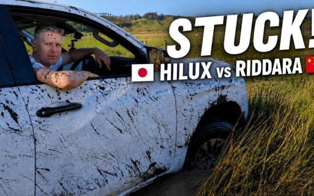 Toyota Hilux BEV and Riddara RD6 electric utes on a muddy farm