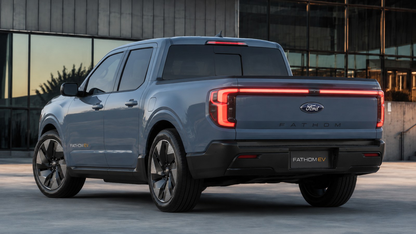 AI rendering of the Ford Fathom electric ute, rear three quarter view