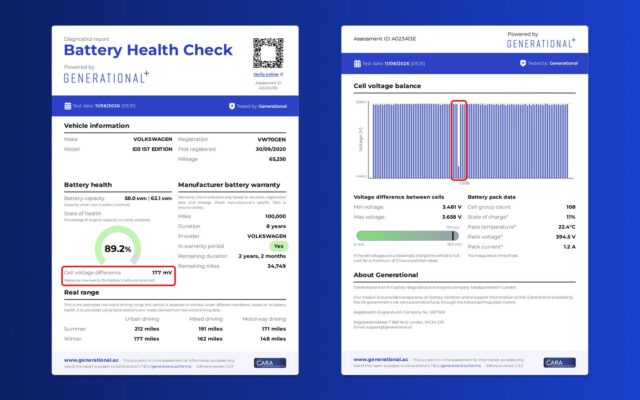 Generational battery health check report showing state of health and cell voltage balance