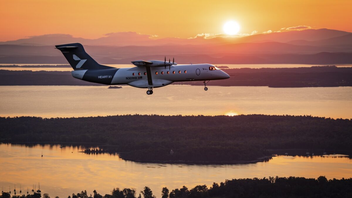 Heart Aerospace X1 electric aircraft flying at sunrise over upstate New York