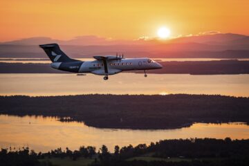 Heart Aerospace X1 electric aircraft flying at sunrise over upstate New York