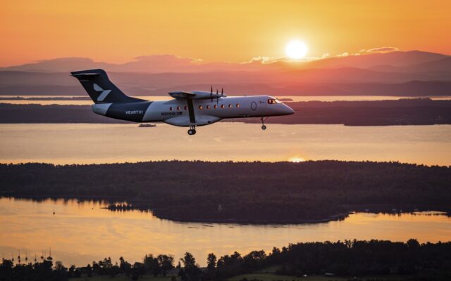 Heart Aerospace X1 electric aircraft flying at sunrise over upstate New York