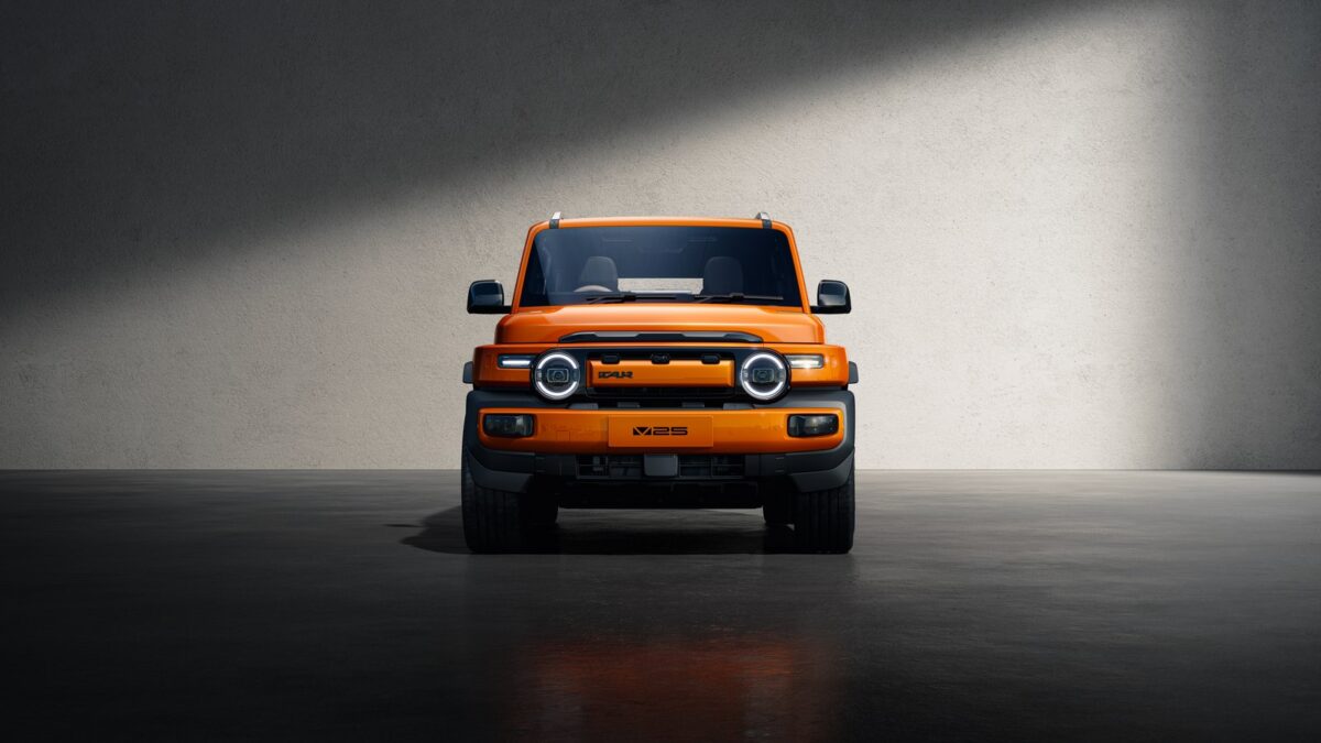 Orange iCaur V25 boxy electric SUV front view