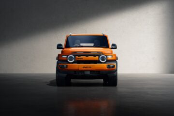 Orange iCaur V25 boxy electric SUV front view