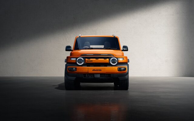Orange iCaur V25 boxy electric SUV front view