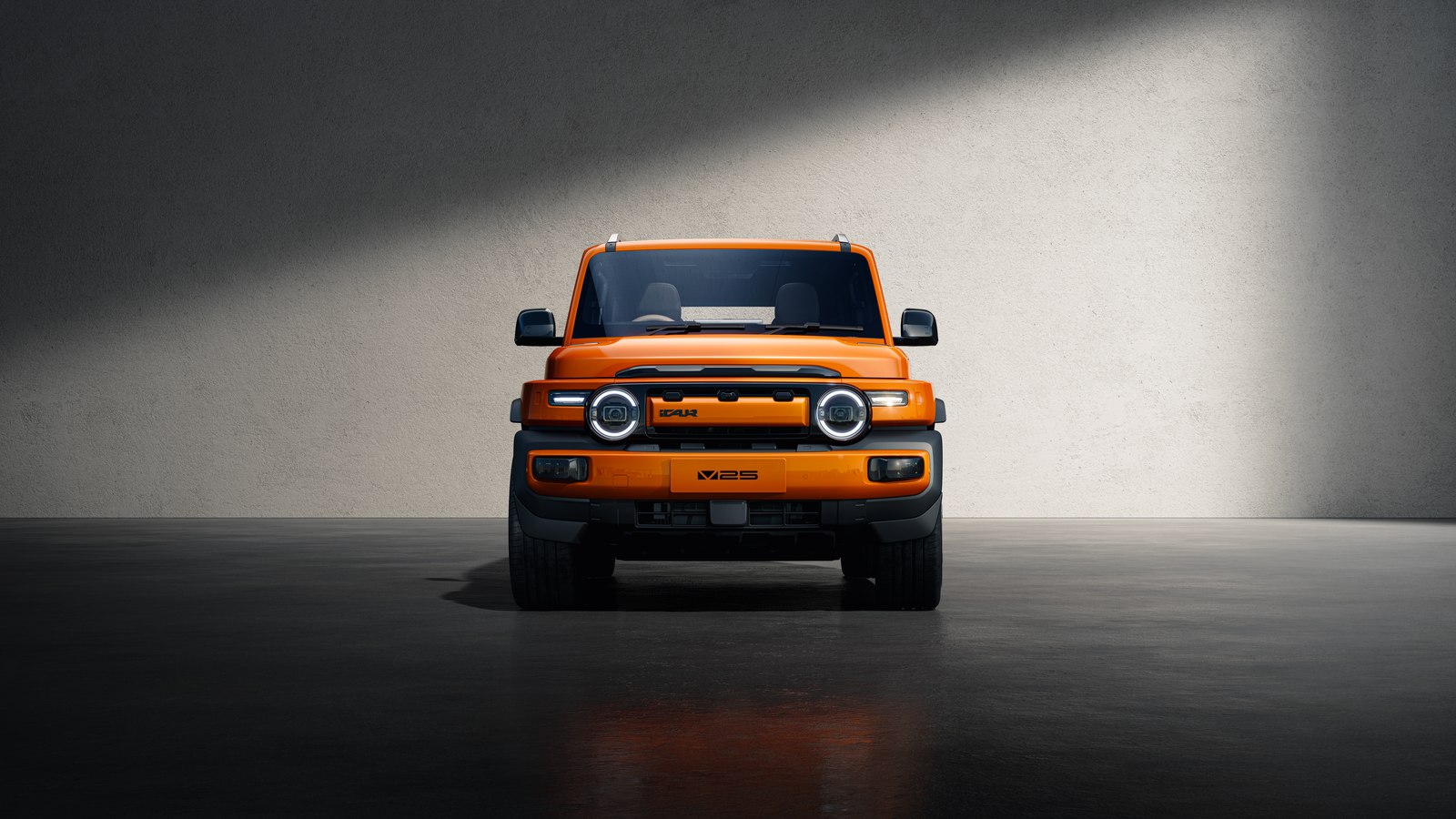 Orange iCaur V25 boxy electric SUV front view