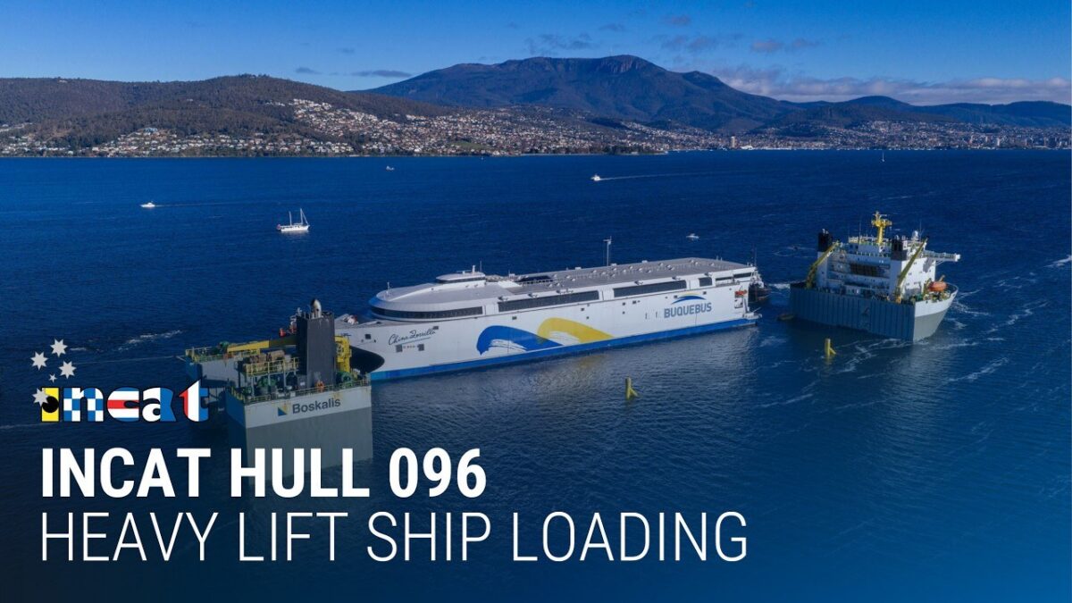 Incat Hull 096 electric ferry floating over the semi-submerged Black Marlin in Hobart