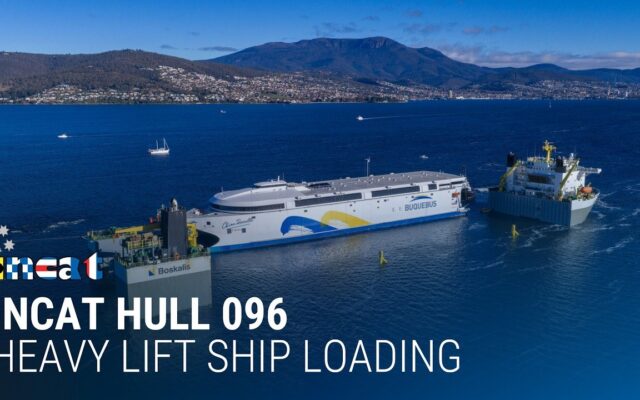 Incat Hull 096 electric ferry floating over the semi-submerged Black Marlin in Hobart