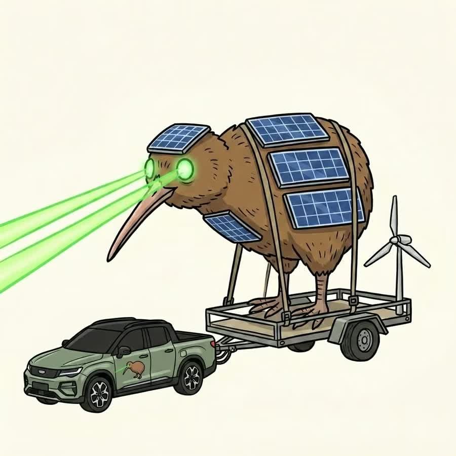 Illustration of a solar-panelled giant kiwi towed by an electric ute