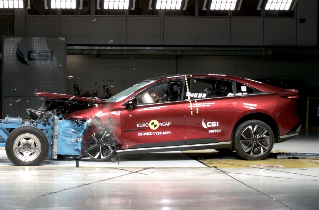 Red Mazda 6e in ANCAP frontal offset crash test