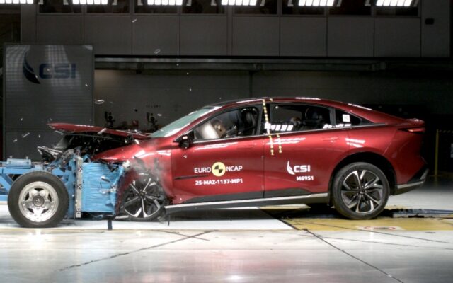 Red Mazda 6e in ANCAP frontal offset crash test