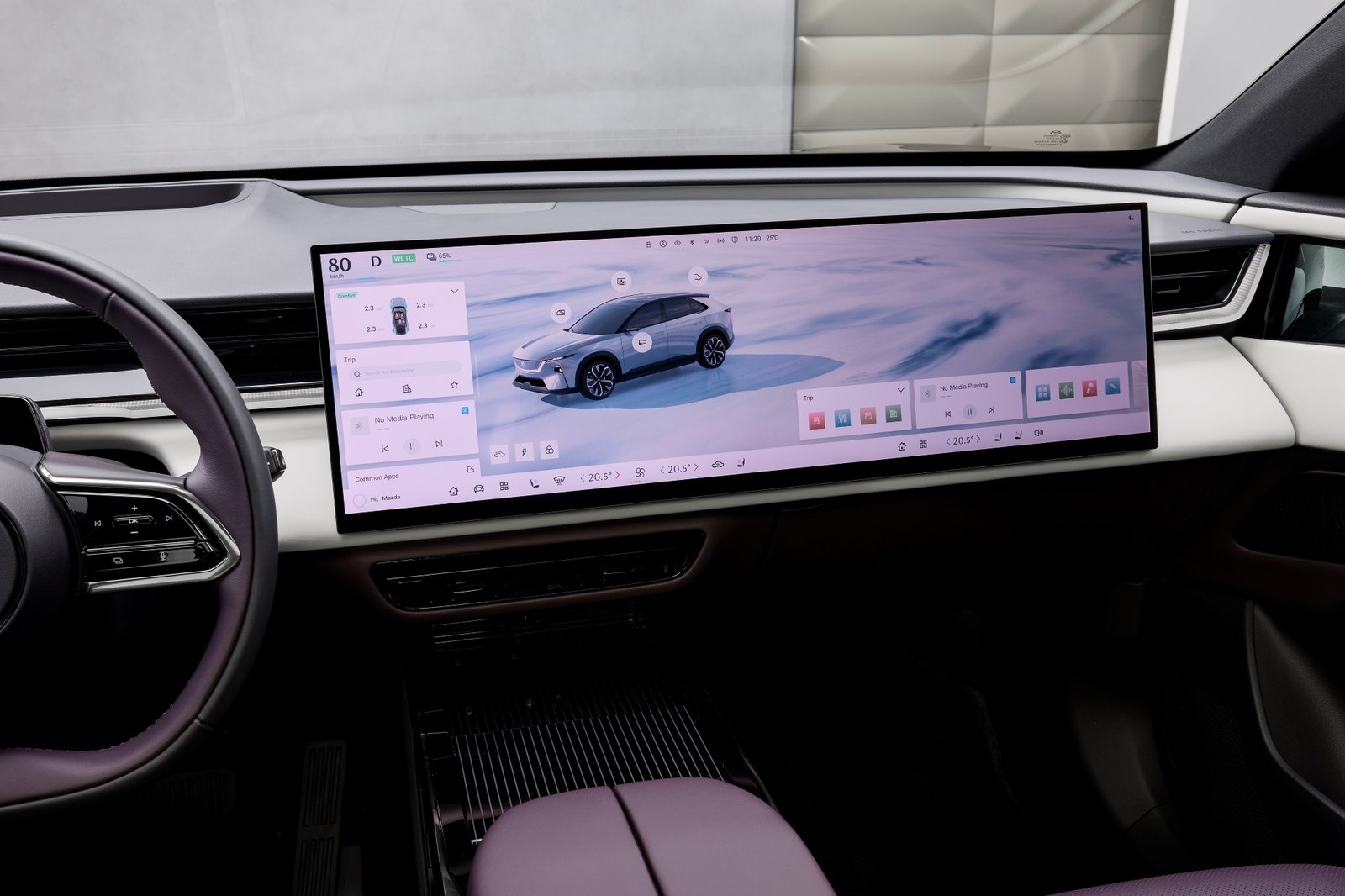Mazda CX-6e interior with purple upholstery and wide dashboard screen