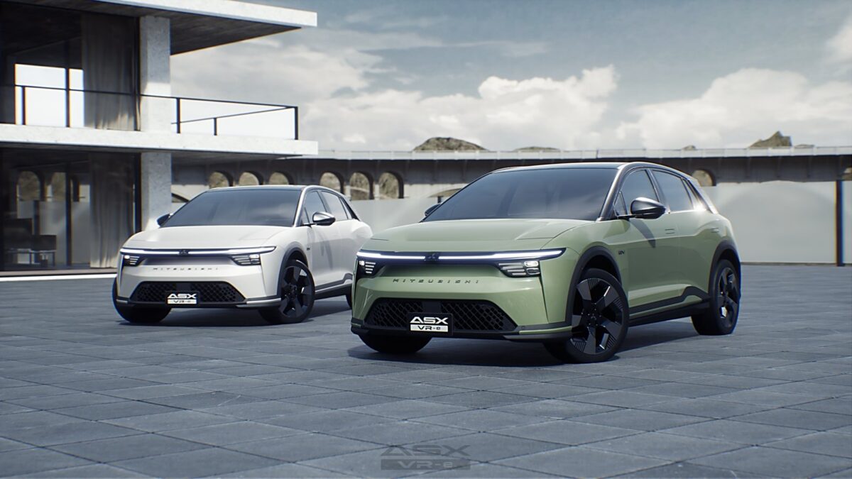 Two Mitsubishi ASX VR-e electric SUVs in white and green