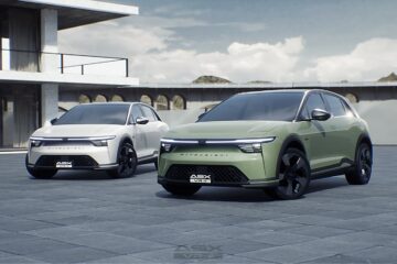 Two Mitsubishi ASX VR-e electric SUVs in white and green