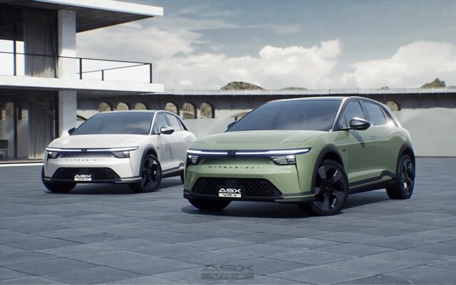 Two Mitsubishi ASX VR-e electric SUVs in white and green