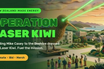 Illustration of a giant Laser Kiwi on a trailer outside the Beehive