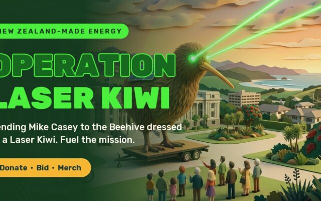 Illustration of a giant Laser Kiwi on a trailer outside the Beehive