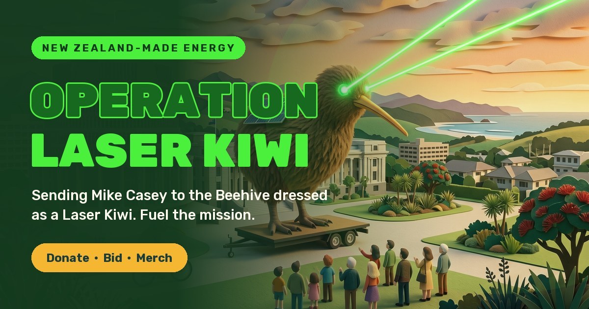 Illustration of a giant Laser Kiwi on a trailer outside the Beehive