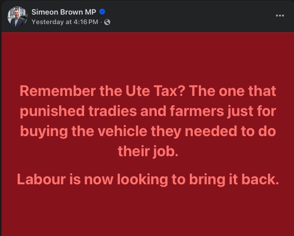 Simeon Brown Facebook post about the ute tax