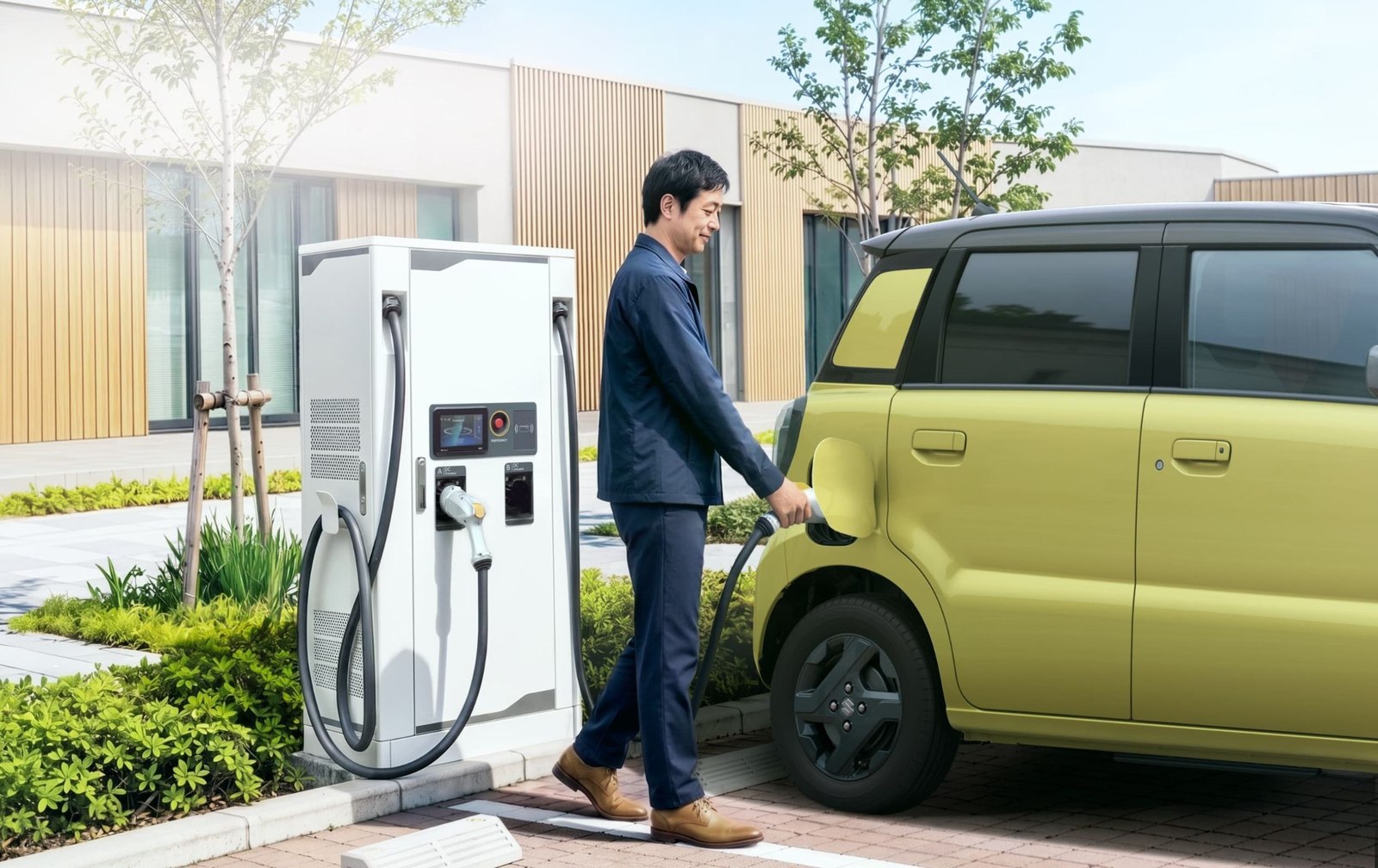 Suzuki e Sky in green charging at a DC fast charger