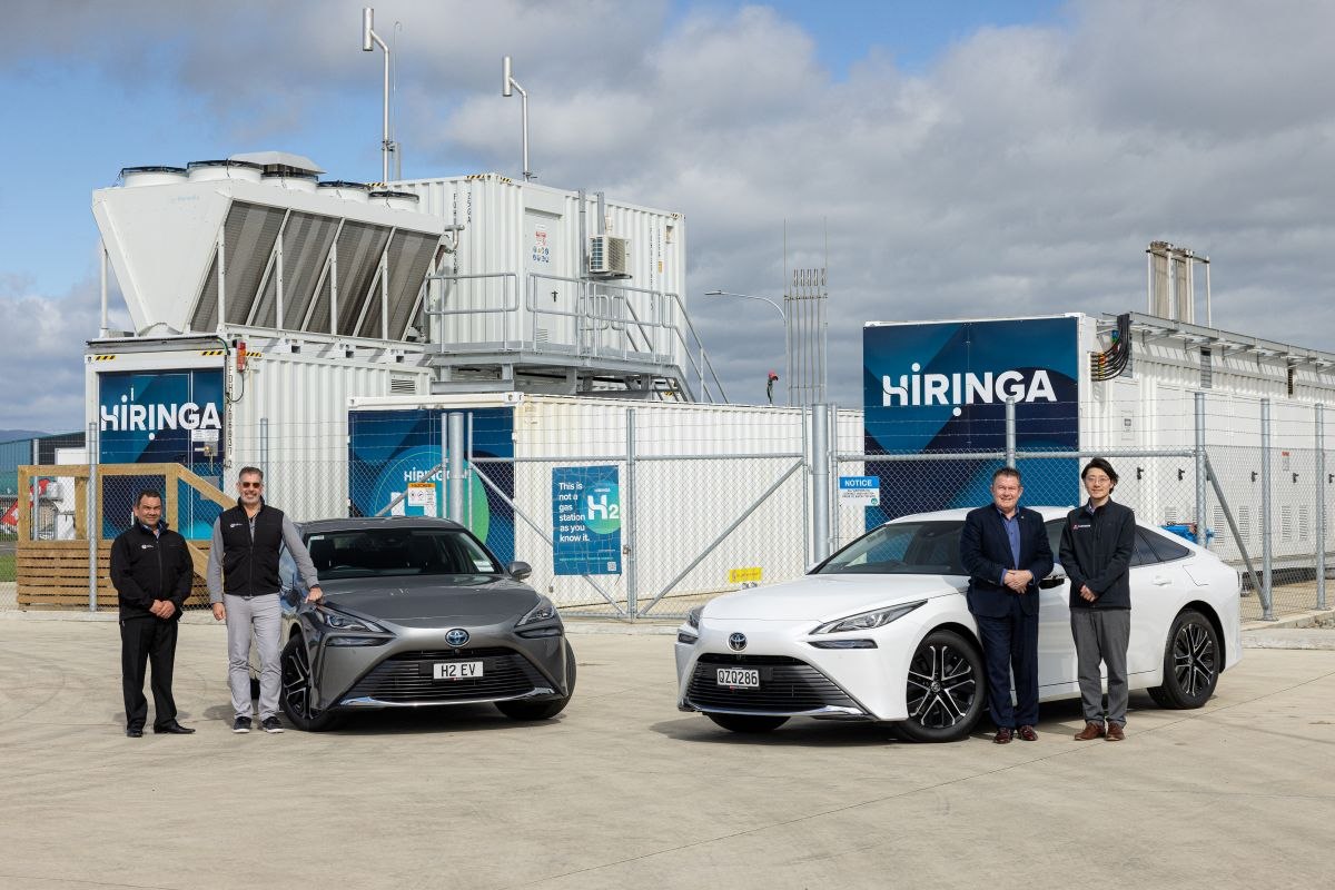 Two Toyota Mirai at the Hiringa hydrogen refuelling station in Palmerston North