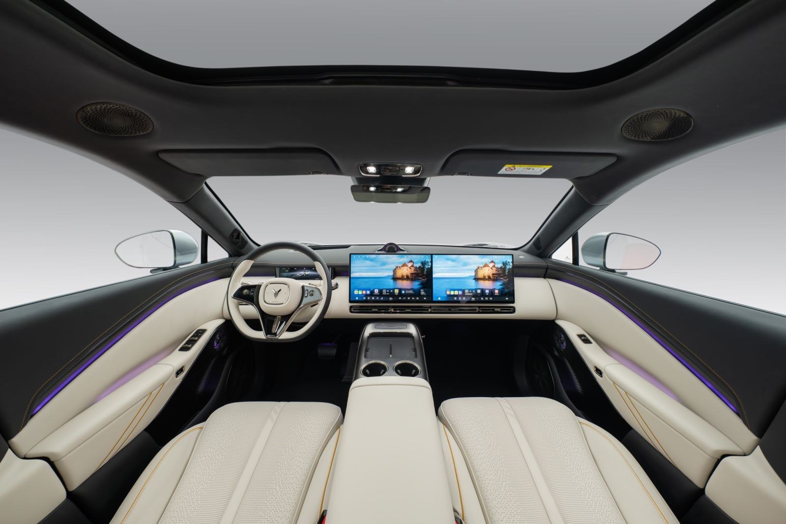 Voyah Passion S interior with twin screens and cream upholstery