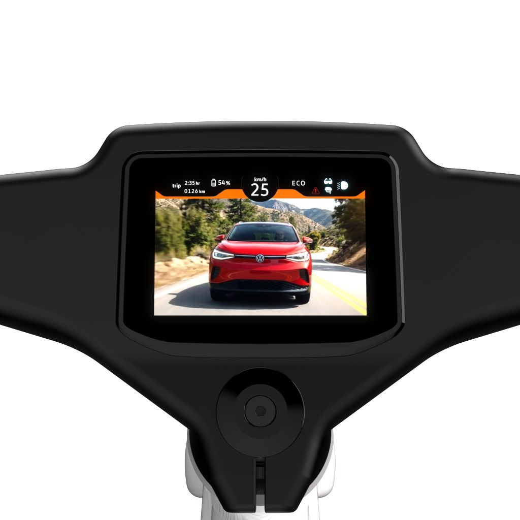 Smart View handlebar display showing rear camera feed of an approaching car